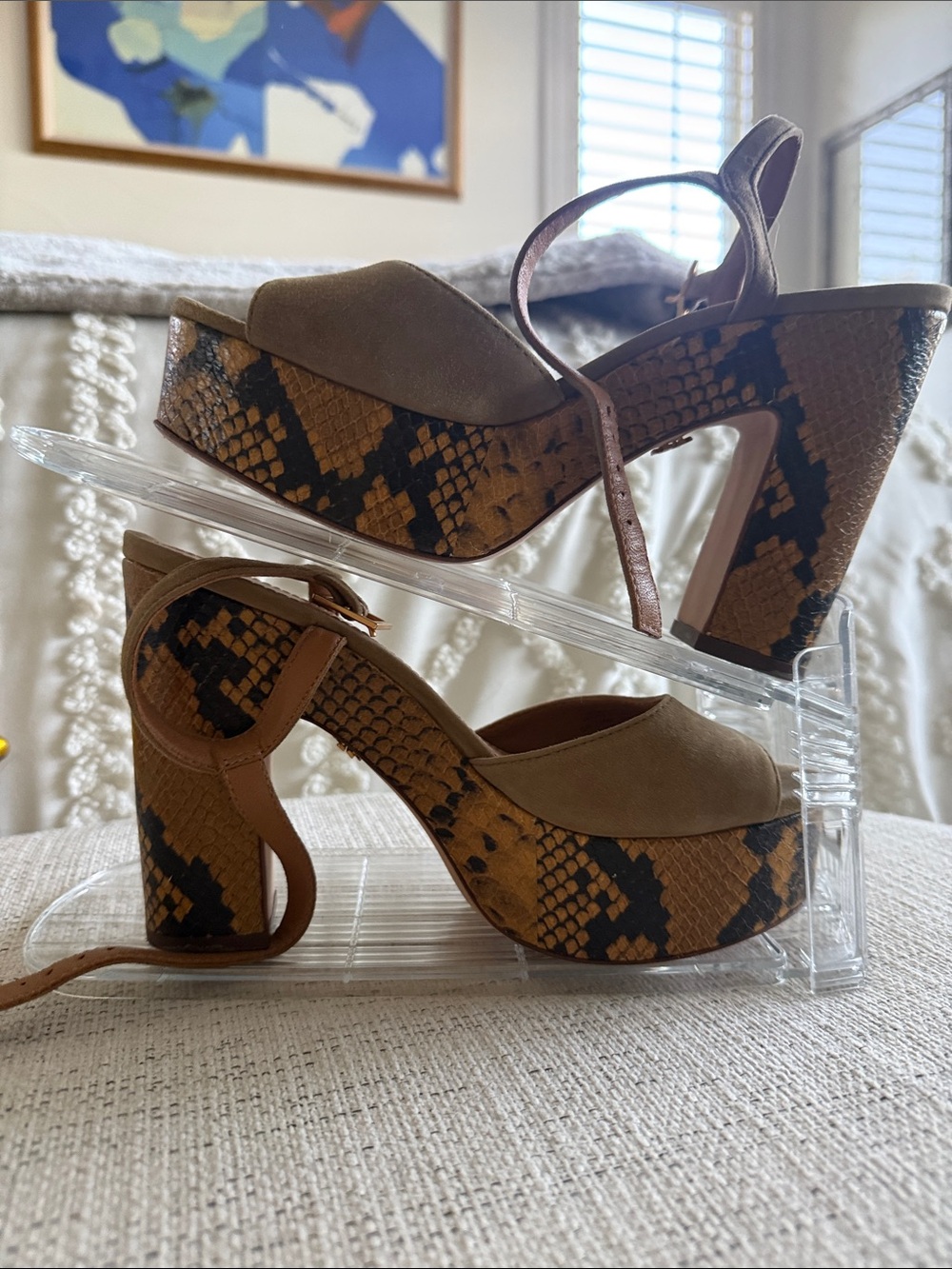 Tory Burch Tan Snake-Print Platform Sandals